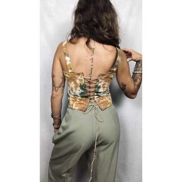 Handmade Reversible Earth Tone Tie Dye Lace Up Suede  Corset Crop Top - Picture 4 of 10